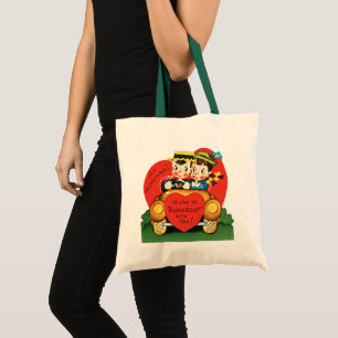 Retro Valentine's Day, Vintage Girl and Boy in Car Tote Bag