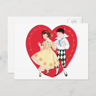 Retro Valentine's Day, Vintage Harlequin and Heart Holiday Postcard