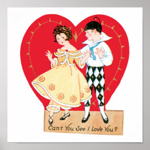 Retro Valentine's Day, Vintage Harlequin and Heart Poster