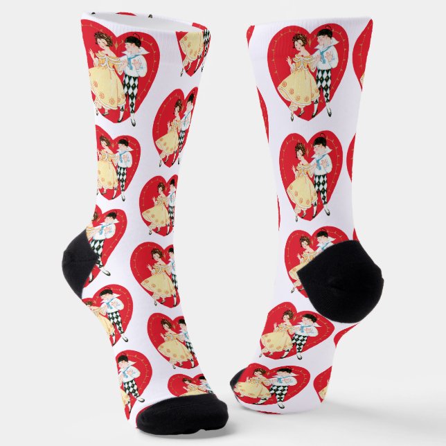 Retro Valentine's Day, Vintage Harlequin and Heart Socks (Angled)