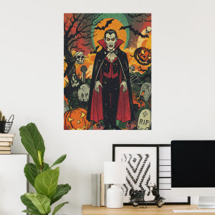 Retro Vampire in Pumpkin Graveyard Scene Poster