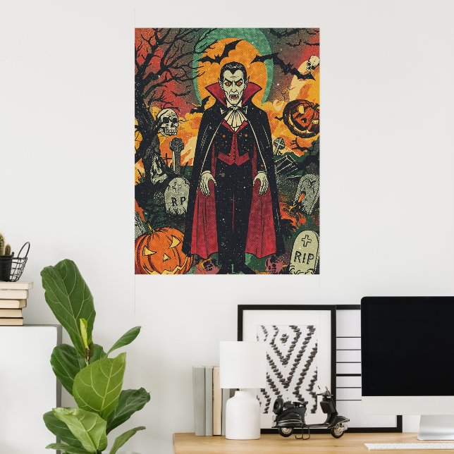 Retro Vampire in Pumpkin Graveyard Scene Poster (Home Office)