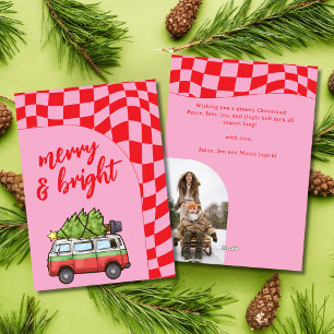 Retro Van Checkerboard Merry & Bright Christmas Holiday Card