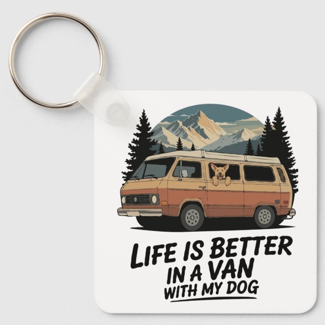Retro Van Life with Dog Mountain Adventure  Key Ring (Front)