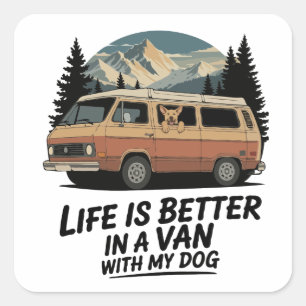 Retro Van Life with Dog Mountain Adventure Square Sticker