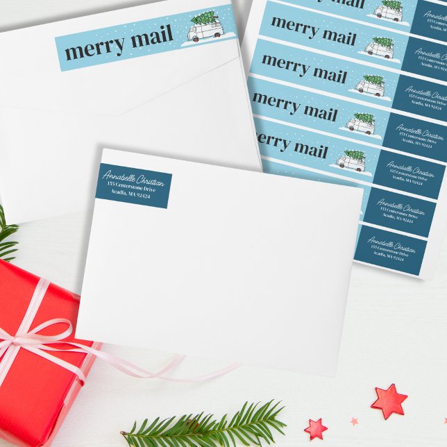 Retro Van Merry Mail Christmas Tree Snow Winter Wrap Around Label (Retro Van Merry Mail Wrap Around Christmas Labels)