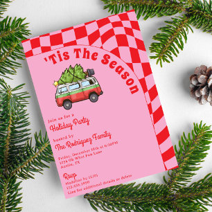 Retro Van Red Pink Chequerboard Christmas Party  Invitation