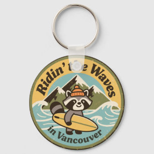 Retro Vancouver Surfing Racoon Key Ring