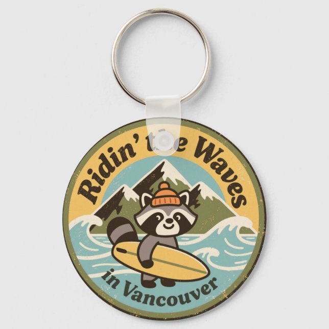 Retro Vancouver Surfing Racoon Key Ring (Front)