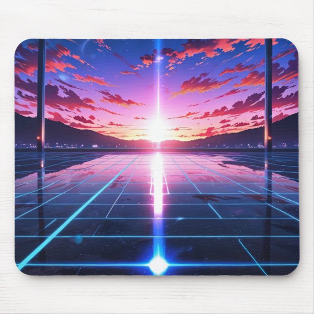 Retro Vaporwave Grid Horizon Anime Mousepad (Front)