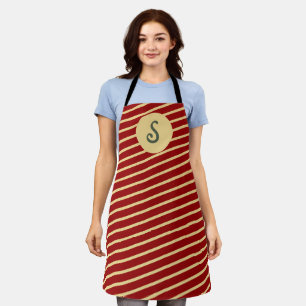 Retro Varsity Crimson Red & Cream Stripes Monogram Apron