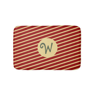 Retro Varsity Crimson Red & Cream Stripes Monogram Bath Mat