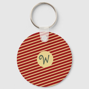 Retro Varsity Crimson Red & Cream Stripes Monogram Key Ring