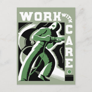 Retro vector art deco Work With Care Postcard