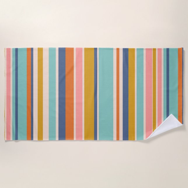 Retro vertical orange blue and yellow pink stripes beach towel (Front)