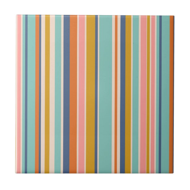 Retro vertical orange blue and yellow pink stripes ceramic tile (Front)