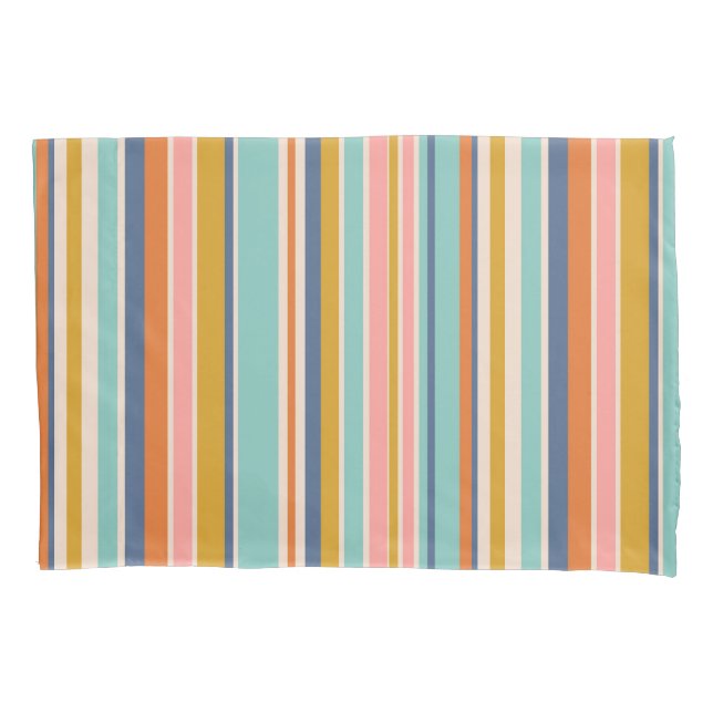 Retro vertical orange blue and yellow pink stripes pillowcase (Front)