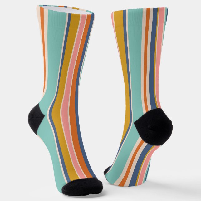 Retro vertical orange blue and yellow pink stripes socks (Angled)