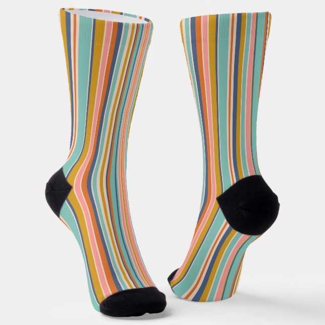 Retro vertical orange blue and yellow pink stripes socks (Angled)