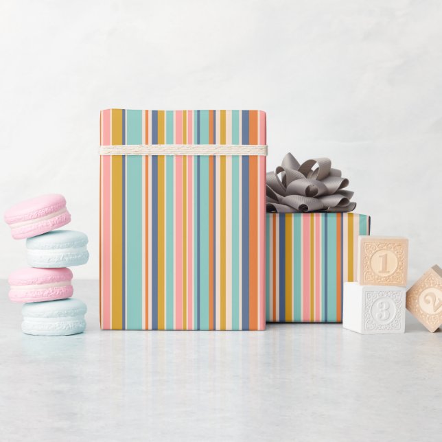 Retro vertical orange blue and yellow pink stripes wrapping paper (Baby Shower)