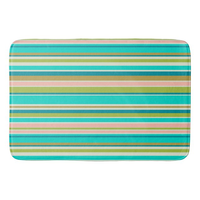 Retro vertical pink turquoise and peach stripes bath mat (Front)