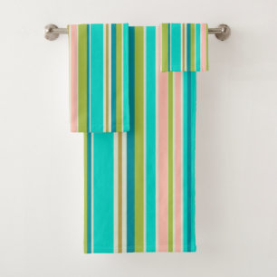 Retro vertical pink turquoise and peach stripes bath towel set