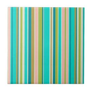 Retro vertical pink turquoise and peach stripes ceramic tile