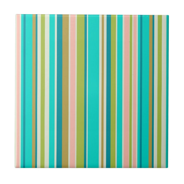 Retro vertical pink turquoise and peach stripes ceramic tile (Front)