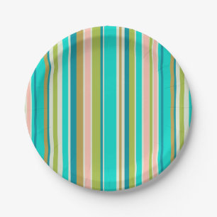 Retro vertical pink turquoise and peach stripes paper plate