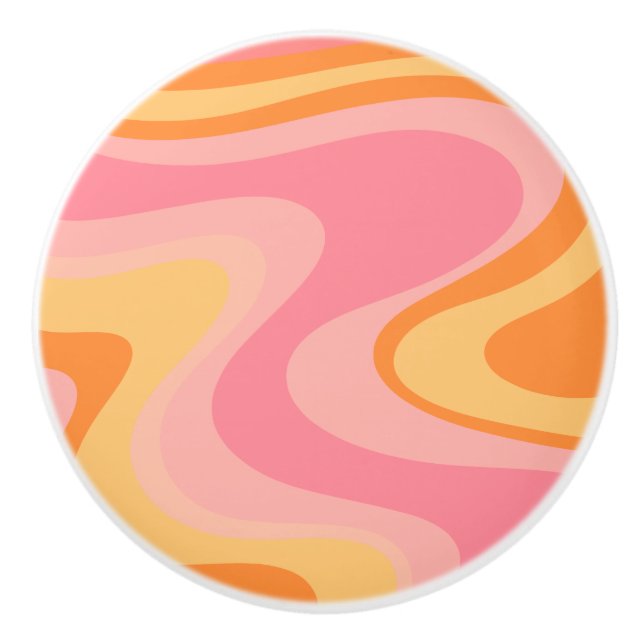 Retro Vibe Abstract Swirl 60s 70s Pink and Orange Ceramic Knob (Front)