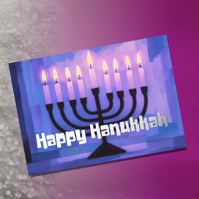 Retro Vibe Hanukkah Menorah Purple Blue Foil Holiday Card (Creator Uploaded)