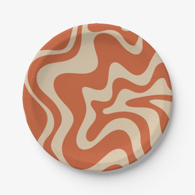 Retro Vibe Liquid Swirl Abstract Pattern Orange Paper Plate (Front)