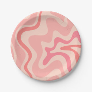 Retro Vibe Liquid Swirl Abstract Pattern Pink Paper Plate