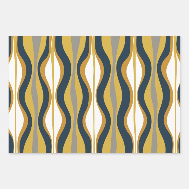 Retro Vibe Mustard Navy Blue Grey Wrapping Paper Sheet (Front)