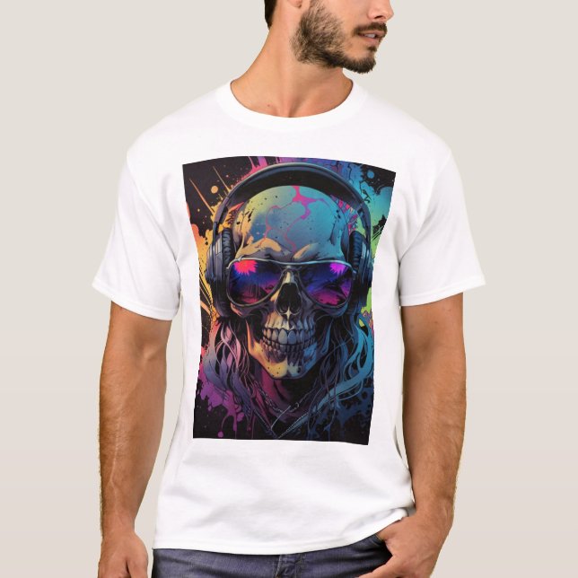 Retro Vibe Skull T-Shirt Design with Music Flair  (Front)