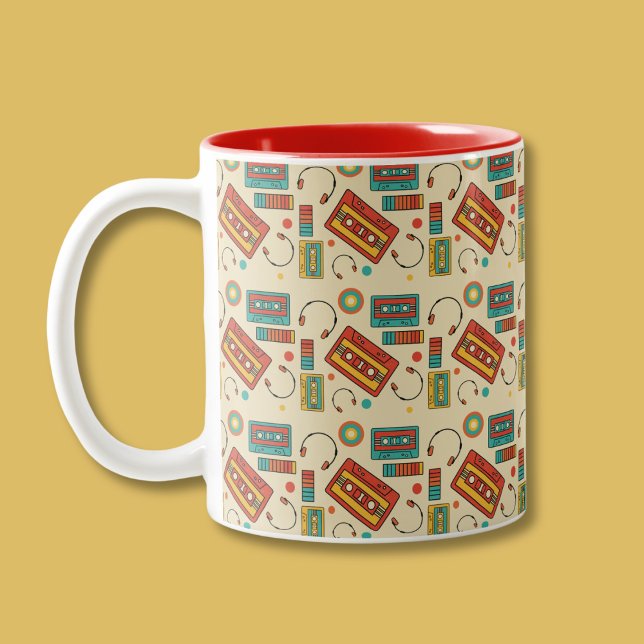 Retro Vibes - 1980s Cassette Tapes Pattern Two-Tone Coffee Mug (Creator Uploaded)