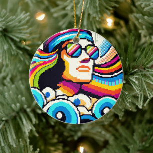 Retro Vibes - 70s Groovy Pixel Art for Hobby Lover Ceramic Ornament
