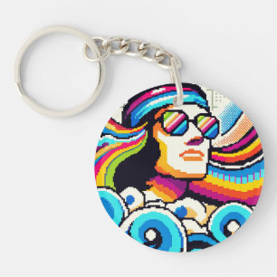 Retro Vibes - 70s Groovy Pixel Art for Hobby Lover Key Ring