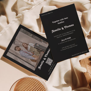 Retro Vibes Black Photo QR Code Wedding Invitation