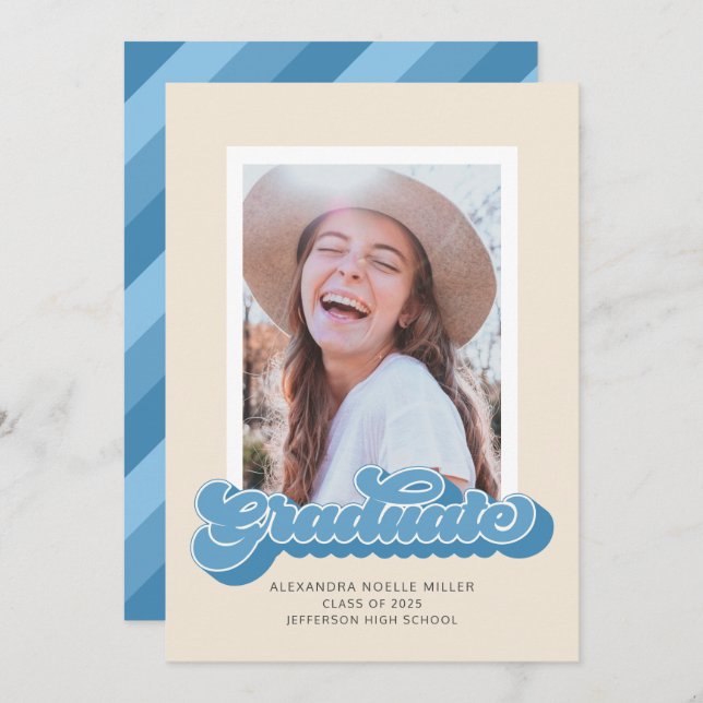 Retro Vibes (Blue) Photo Graduation Announcement (Front/Back)