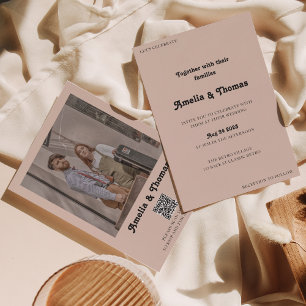 Retro Vibes Boho Beige Photo QR Code Wedding Invitation