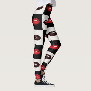 Retro Vibes Checkerboard Hot Red Lips Pattern Leggings