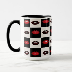 Retro Vibes Chequerboard   Red Lips Mug