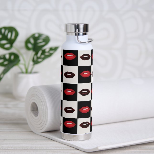 Retro Vibes Chequerboard | Red Lips Water Bottle (Yoga)