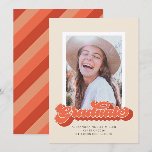 Retro Vibes (Coral) Photo Graduation Announcement (Front/Back)