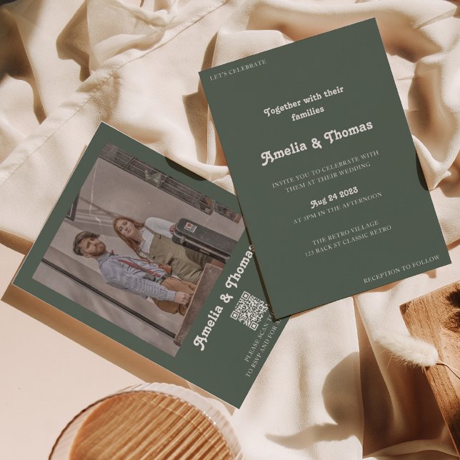 Retro Vibes Dark Green Photo QR Code Wedding Invitation (Creator Uploaded)
