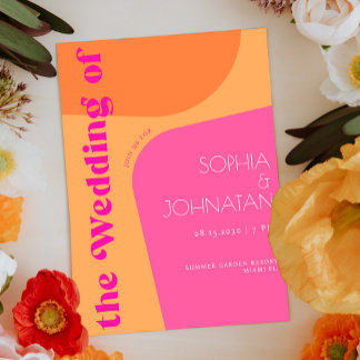 Retro vibes orange pink bold abstract wedding invitation