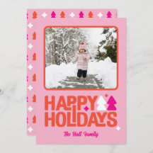 Retro Vibes Pink Orange Holiday Photo Card