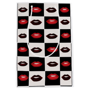 Retro Vibes Red Lips Black and White Chequerboard Medium Gift Bag
