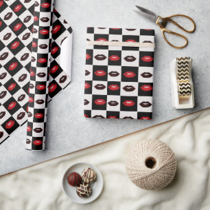 Retro Vibes Red Lips Black and White Chequerboard Wrapping Paper